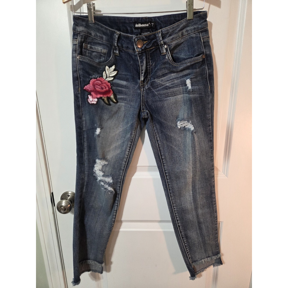 Dollhouse Charley Jeans Blue Denim Ankle Distressed Women Size 7 Rose Patch